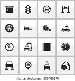 Set Of 16 Editable Traffic Icons. Includes Symbols Such As Car Fixing, Automotive Fix, Auto Service And More. Can Be Used For Web, Mobile, UI And Infographic Design.