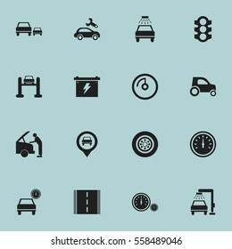 Set Of 16 Editable Traffic Icons. Includes Symbols Such As Speed Control, Car Fixing, Automobile And More. Can Be Used For Web, Mobile, UI And Infographic Design.
