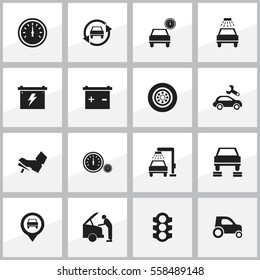 Set Of 16 Editable Traffic Icons. Includes Symbols Such As Auto Repair, Stoplight, Speedometer And More. Can Be Used For Web, Mobile, UI And Infographic Design.