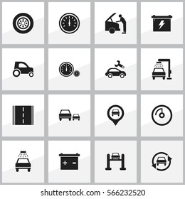 Set Of 16 Editable Traffic Icons. Includes Symbols Such As Auto Service, Tire, Tuning Auto And More. Can Be Used For Web, Mobile, UI And Infographic Design.