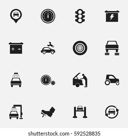 Set Of 16 Editable Traffic Icons. Includes Symbols Such As Automotive Fix, Battery, Vehicle Wash And More. Can Be Used For Web, Mobile, UI And Infographic Design.