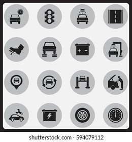 Set Of 16 Editable Traffic Icons. Includes Symbols Such As Highway, Automobile, Battery And More. Can Be Used For Web, Mobile, UI And Infographic Design.