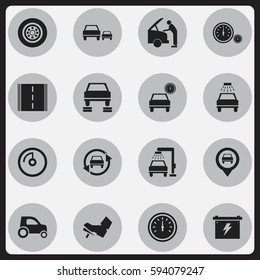 Set Of 16 Editable Traffic Icons. Includes Symbols Such As Vehicle Wash, Treadle, Tuning Auto And More. Can Be Used For Web, Mobile, UI And Infographic Design.