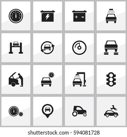 Set Of 16 Editable Traffic Icons. Includes Symbols Such As Speedometer, Automotive Fix, Accumulator And More. Can Be Used For Web, Mobile, UI And Infographic Design.