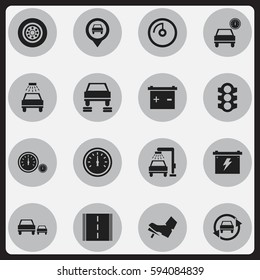 Set Of 16 Editable Traffic Icons. Includes Symbols Such As Auto Repair, Stoplight, Tuning Auto And More. Can Be Used For Web, Mobile, UI And Infographic Design.