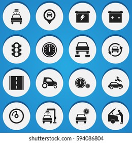 Set Of 16 Editable Traffic Icons. Includes Symbols Such As Accumulator, Automobile, Auto Repair And More. Can Be Used For Web, Mobile, UI And Infographic Design.