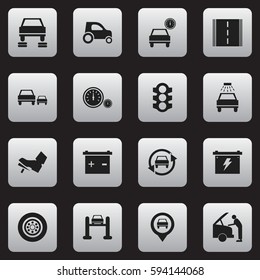 Set Of 16 Editable Traffic Icons. Includes Symbols Such As Pointer, Battery, Highway And More. Can Be Used For Web, Mobile, UI And Infographic Design.