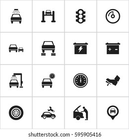 Set Of 16 Editable Traffic Icons. Includes Symbols Such As Accumulator, Treadle, Battery And More. Can Be Used For Web, Mobile, UI And Infographic Design.