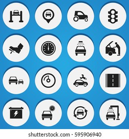 Set Of 16 Editable Traffic Icons. Includes Symbols Such As Automobile, Treadle, Highway And More. Can Be Used For Web, Mobile, UI And Infographic Design.
