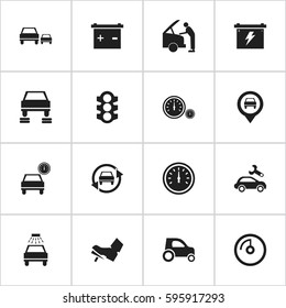 Set Of 16 Editable Traffic Icons. Includes Symbols Such As Tuning Auto, Pointer, Treadle And More. Can Be Used For Web, Mobile, UI And Infographic Design.