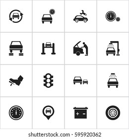 Set Of 16 Editable Traffic Icons. Includes Symbols Such As Speed Control, Tuning Auto, Car Lave And More. Can Be Used For Web, Mobile, UI And Infographic Design.