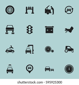 Set Of 16 Editable Traffic Icons. Includes Symbols Such As Auto Repair, Vehicle Car, Automotive Fix And More. Can Be Used For Web, Mobile, UI And Infographic Design.