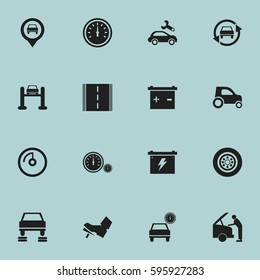 Set Of 16 Editable Traffic Icons. Includes Symbols Such As Speed Control, Highway, Accumulator And More. Can Be Used For Web, Mobile, UI And Infographic Design.
