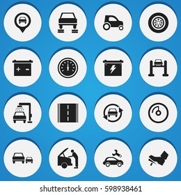 Set Of 16 Editable Traffic Icons. Includes Symbols Such As Vehicle Car, Pointer, Speed Display And More. Can Be Used For Web, Mobile, UI And Infographic Design.