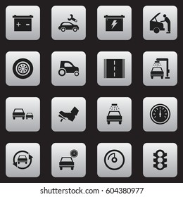 Set Of 16 Editable Traffic Icons. Includes Symbols Such As Vehicle Wash, Speed Control, Battery And More. Can Be Used For Web, Mobile, UI And Infographic Design.