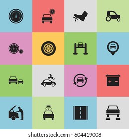 Set Of 16 Editable Traffic Icons. Includes Symbols Such As Accumulator, Auto Repair, Car Fixing And More. Can Be Used For Web, Mobile, UI And Infographic Design.