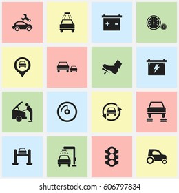 Set Of 16 Editable Traffic Icons. Includes Symbols Such As Accumulator, Speed Display, Car Lave And More. Can Be Used For Web, Mobile, UI And Infographic Design.