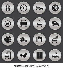 Set Of 16 Editable Traffic Icons. Includes Symbols Such As Race, Tire, Vehicle Car And More. Can Be Used For Web, Mobile, UI And Infographic Design.