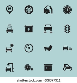 Set Of 16 Editable Traffic Icons. Includes Symbols Such As Battery, Stoplight, Speed Display And More. Can Be Used For Web, Mobile, UI And Infographic Design.