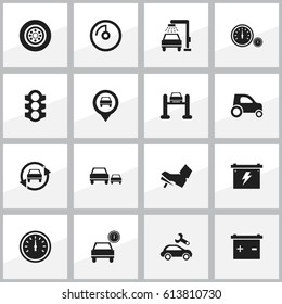Set Of 16 Editable Traffic Icons. Includes Symbols Such As Speed Display, Tuning Auto, Tire And More. Can Be Used For Web, Mobile, UI And Infographic Design.