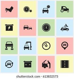 Set Of 16 Editable Traffic Icons. Includes Symbols Such As Accumulator, Automobile, Speed Control And More. Can Be Used For Web, Mobile, UI And Infographic Design.