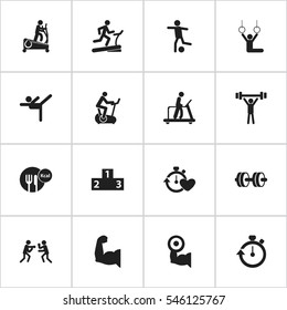 Set Of 16 Editable Training Icons. Includes Symbols Such As Platform For Winner, Fight, Executing Running And More. Can Be Used For Web, Mobile, UI And Infographic Design.