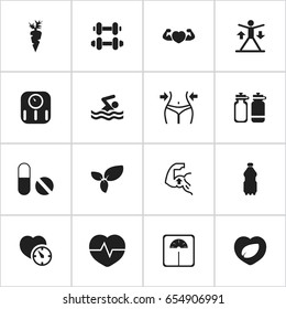 Set Of 16 Editable Training Icons. Includes Symbols Such As Heartbeat, Training, Strong Love And More. Can Be Used For Web, Mobile, UI And Infographic Design.