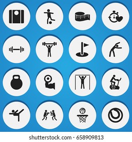 Set Of 16 Editable Training Icons. Includes Symbols Such As Cloth Ruler, Football, Training Bike And More. Can Be Used For Web, Mobile, UI And Infographic Design.