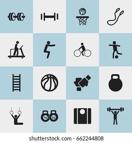 Set Of 16 Editable Training Icons. Includes Symbols Such As Basket Play, Acrobat, Barbell And More. Can Be Used For Web, Mobile, UI And Infographic Design.