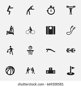 Set Of 16 Editable Training Icons. Includes Symbols Such As Jump Training, Exercise, Instruction Male And More. Can Be Used For Web, Mobile, UI And Infographic Design.