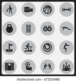 Set Of 16 Editable Training Icons. Includes Symbols Such As Weightlifting, Competition, Stairway And More. Can Be Used For Web, Mobile, UI And Infographic Design.