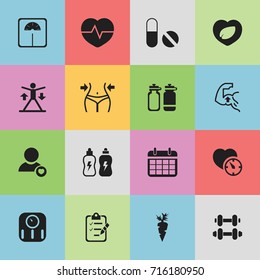 Set Of 16 Editable Training Icons. Includes Symbols Such As Heartbeat, Root Vegetable, Weight Measurement And More. Can Be Used For Web, Mobile, UI And Infographic Design.