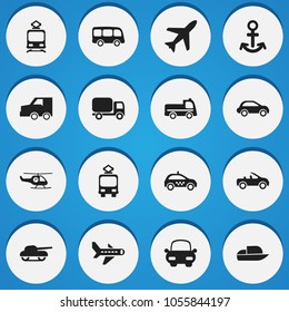 Set of 16 editable transport icons. Includes symbols such as plane, trainer cabin, cart and more. Can be used for web, mobile, UI and infographic design.