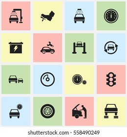 Set Of 16 Editable Transport Icons. Includes Symbols Such As Treadle, Auto Repair, Automobile And More. Can Be Used For Web, Mobile, UI And Infographic Design.