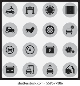 Set Of 16 Editable Transport Icons. Includes Symbols Such As Auto Service, Vehicle Wash, Speed Control And More. Can Be Used For Web, Mobile, UI And Infographic Design.