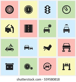 Set Of 16 Editable Transport Icons. Includes Symbols Such As Accumulator, Automotive Fix, Tuning Auto And More. Can Be Used For Web, Mobile, UI And Infographic Design.