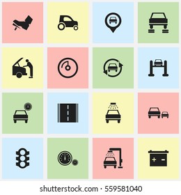Set Of 16 Editable Transport Icons. Includes Symbols Such As Speedometer, Accumulator, Auto Service And More. Can Be Used For Web, Mobile, UI And Infographic Design.