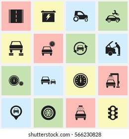 Set Of 16 Editable Transport Icons. Includes Symbols Such As Vehicle Car, Battery, Automobile And More. Can Be Used For Web, Mobile, UI And Infographic Design.