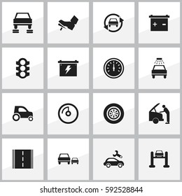 Set Of 16 Editable Transport Icons. Includes Symbols Such As Treadle, Auto Service, Vehicle Car And More. Can Be Used For Web, Mobile, UI And Infographic Design.