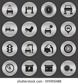 Set Of 16 Editable Transport Icons. Includes Symbols Such As Automobile, Car Fixing, Pointer And More. Can Be Used For Web, Mobile, UI And Infographic Design.