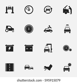 Set Of 16 Editable Transport Icons. Includes Symbols Such As Highway, Speed Control, Vehicle Wash And More. Can Be Used For Web, Mobile, UI And Infographic Design.