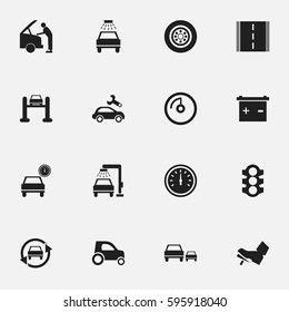Set Of 16 Editable Transport Icons. Includes Symbols Such As Stoplight, Tire, Race And More. Can Be Used For Web, Mobile, UI And Infographic Design.