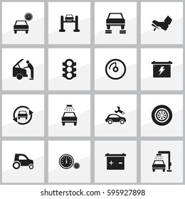 Set Of 16 Editable Transport Icons. Includes Symbols Such As Auto Service, Car Fixing, Treadle And More. Can Be Used For Web, Mobile, UI And Infographic Design.