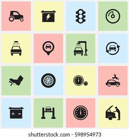 Set Of 16 Editable Transport Icons. Includes Symbols Such As Accumulator, Treadle, Vehicle Car And More. Can Be Used For Web, Mobile, UI And Infographic Design.