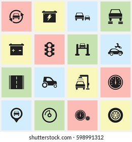 Set Of 16 Editable Transport Icons. Includes Symbols Such As Speed Display, Highway, Speed Control And More. Can Be Used For Web, Mobile, UI And Infographic Design.