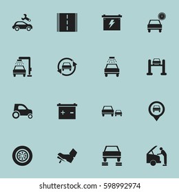 Set Of 16 Editable Transport Icons. Includes Symbols Such As Car Lave, Vehicle Wash, Pointer And More. Can Be Used For Web, Mobile, UI And Infographic Design.