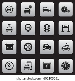 Set Of 16 Editable Transport Icons. Includes Symbols Such As Vehicle Wash, Tuning Auto, Speedometer And More. Can Be Used For Web, Mobile, UI And Infographic Design.