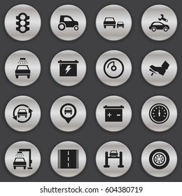 Set Of 16 Editable Transport Icons. Includes Symbols Such As Vehicle Wash, Race, Automotive Fix And More. Can Be Used For Web, Mobile, UI And Infographic Design.