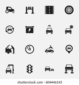 Set Of 16 Editable Transport Icons. Includes Symbols Such As Car Lave, Automotive Fix, Tire And More. Can Be Used For Web, Mobile, UI And Infographic Design.
