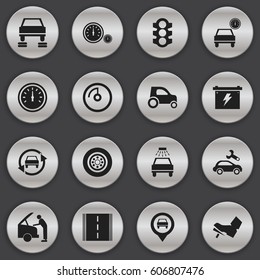 Set Of 16 Editable Transport Icons. Includes Symbols Such As Automobile, Car Fixing, Treadle And More. Can Be Used For Web, Mobile, UI And Infographic Design.